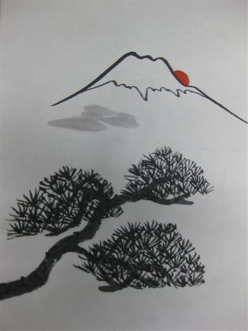 お正月にふさわしい富士山や松の木も、短時間で描くことができます。